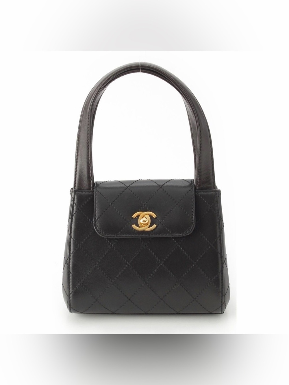 CHANEL Black Quilted Leather Mini Top-Handle Bag with Gold CC